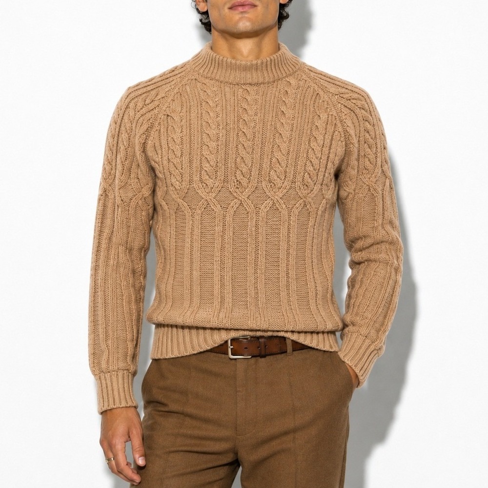 70s Vintage Tan Cable Knit Campus Sweater Mens M Mock Neck Textured Thick Knit